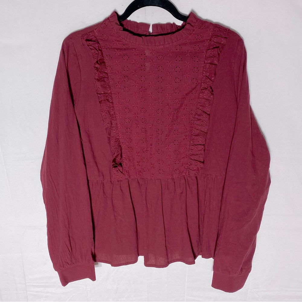 5/$25 Shein Burgundy High Collar Eyelet Ruffle Peplum Blouse L
